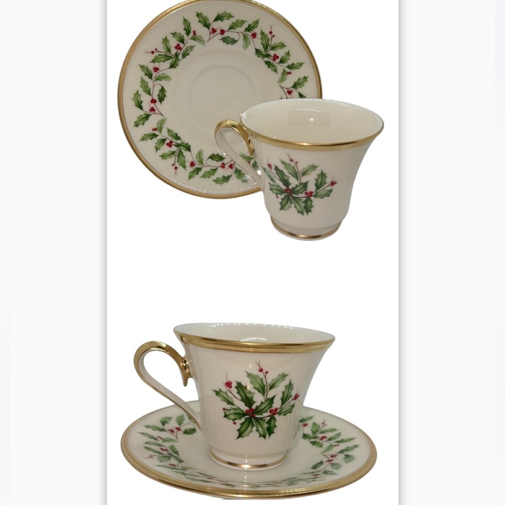 LENOX HOLIDAY FOOTED TEACUP AND SAUCER VINTAGE CHINA HOLLY BERRIES